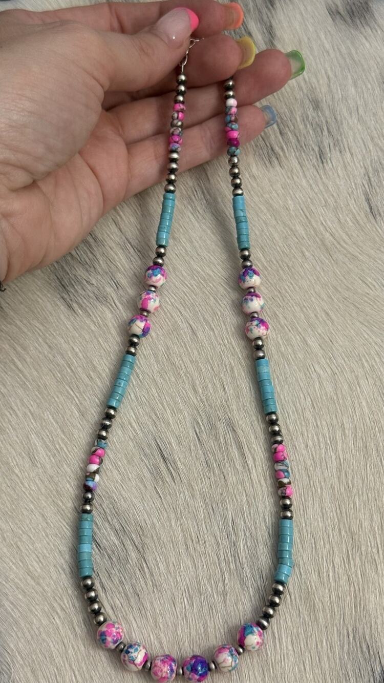 Navajo Pearl Sterling Silver Pink Cotton Candy & Turquoise Heishi Necklace 17.5+